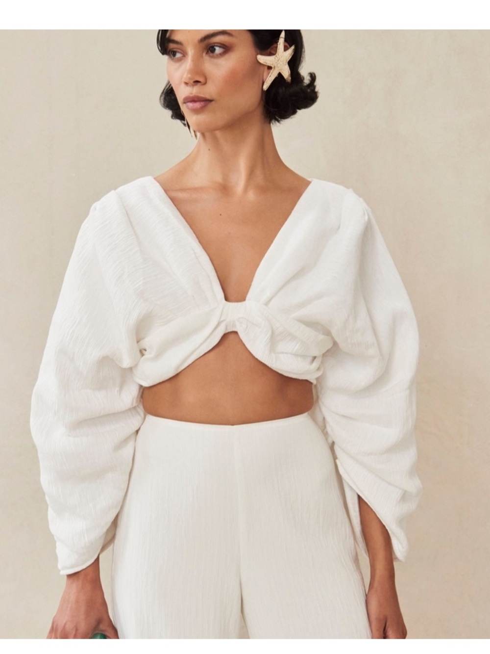 cult gaia White Cropped Twist Balloon-Sleeve Top